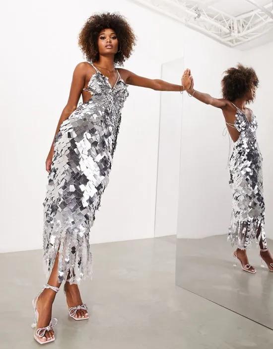 square paillette sequin midi dress in silver