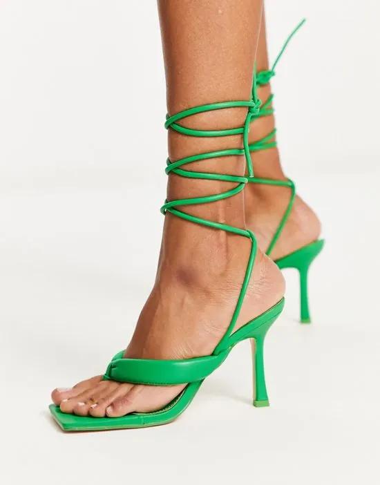 square toe tie leg heeled sandals in green
