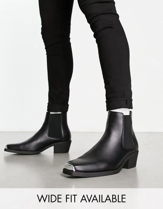 stacked heel western chelsea boots in black faux leather with metal hardware