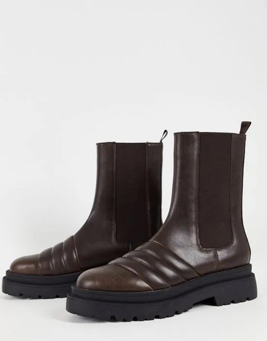 stacked sole padded chelsea boot in brown faux leather