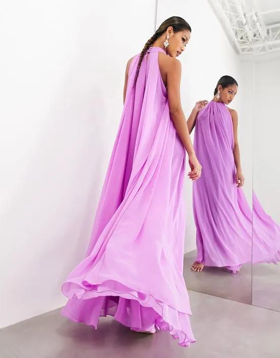 statement chiffon halter trapeze maxi dress in purple