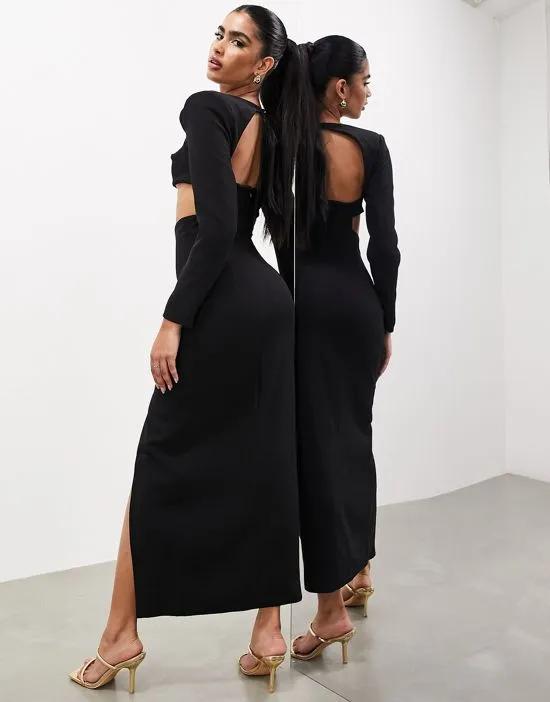 statement long sleeve square neck maxi dress in black