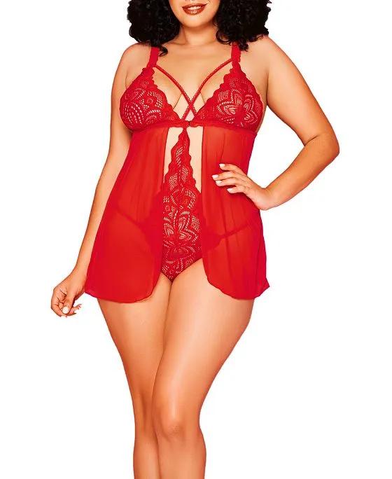Stella Plus Size Galloon Lace and Mesh Soft Cup Babydoll with Connected Bodysuit Inside and Flyaway Front