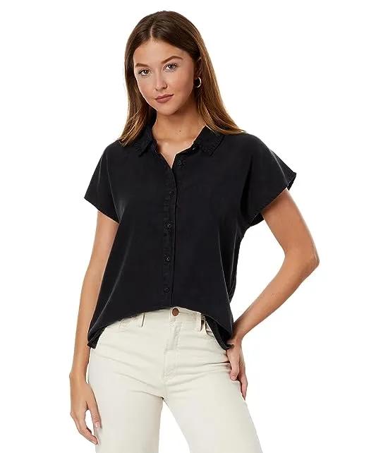 Stone Washed Tencel Short Sleeve Button-Down Hi-Lo Blouse