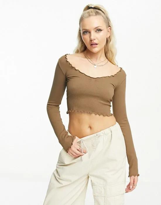 STR seamless wide neck top with lettuce hem in brown