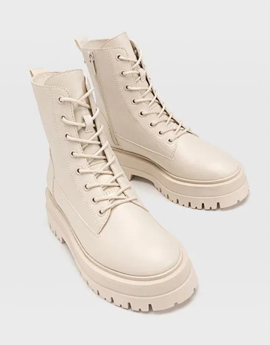 Stradivarius lace up flat ankle boot in off white