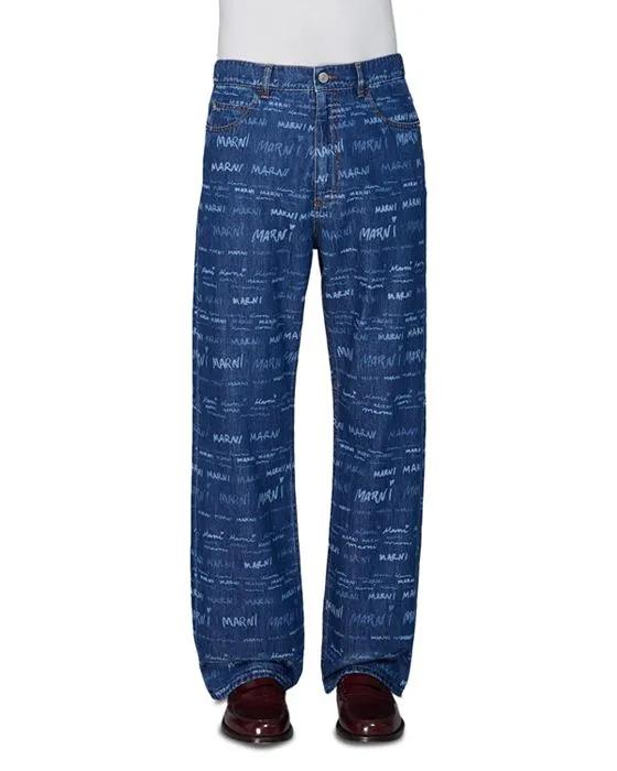 Straight Fit Logo Print Jeans 