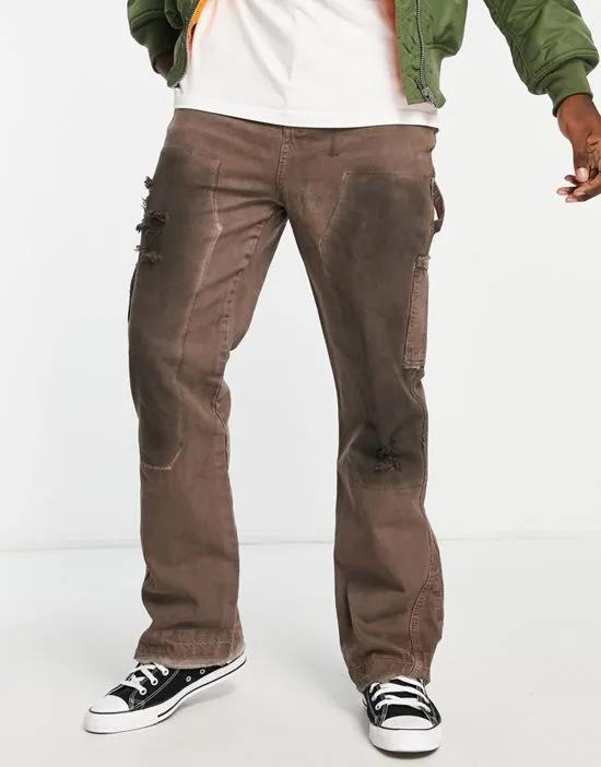 straight leg denim carpenter jeans in washed brown with hem insert