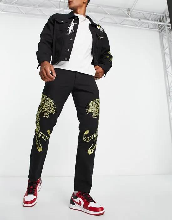 straight leg denim jeans in black with tiger embroidery - part of a set