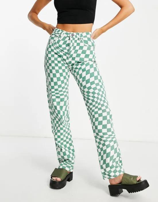 straight leg jeans in green checkerboard