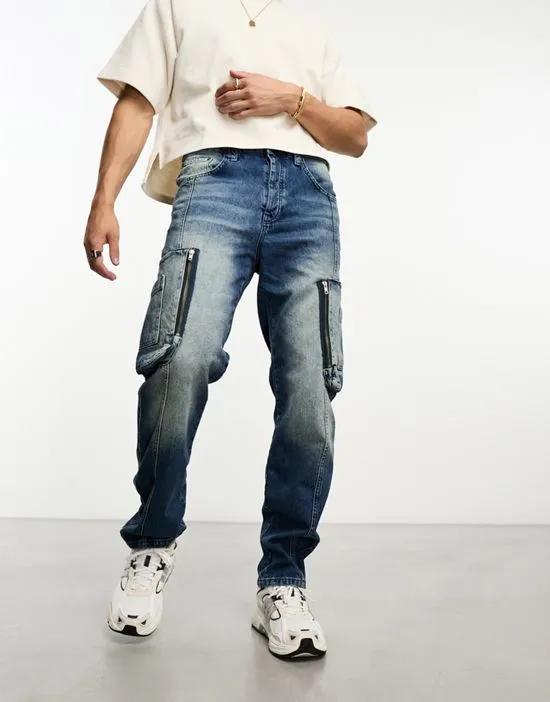 straight leg jeans with cargo pockets in light wash blue