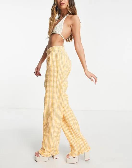 straight leg pants with ruffle hem in apricot check - part of a set