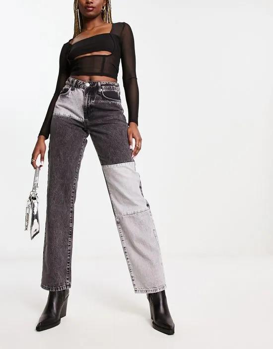 straight leg patchwork jeans in gray