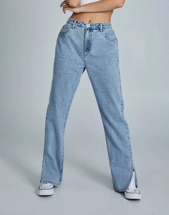 straight leg split jeans in light wash blue