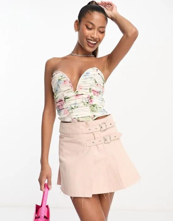 strapless ruched corset top with plunge v in floral