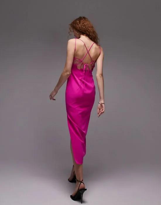 strappy back detail slip midi dress in hot pink