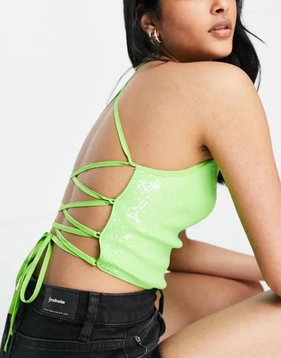 strappy back sequin crop top in lime