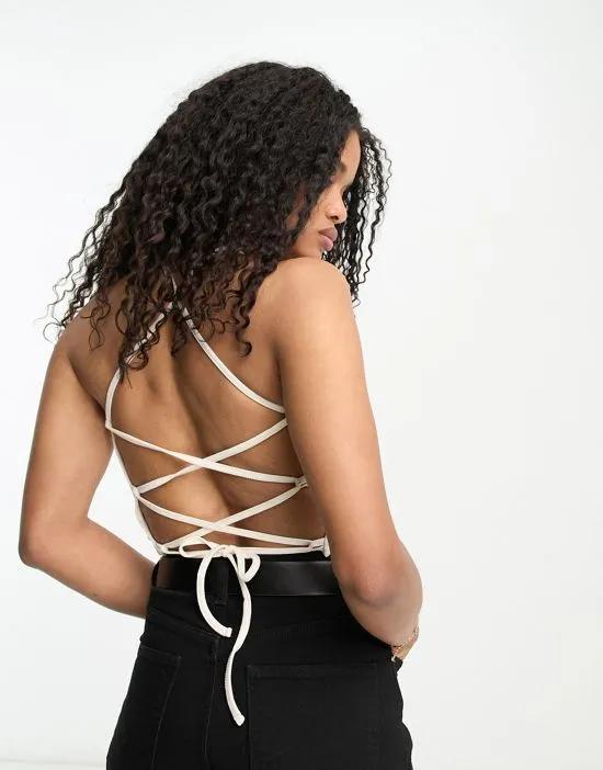 strappy back square neck rib tee in cream