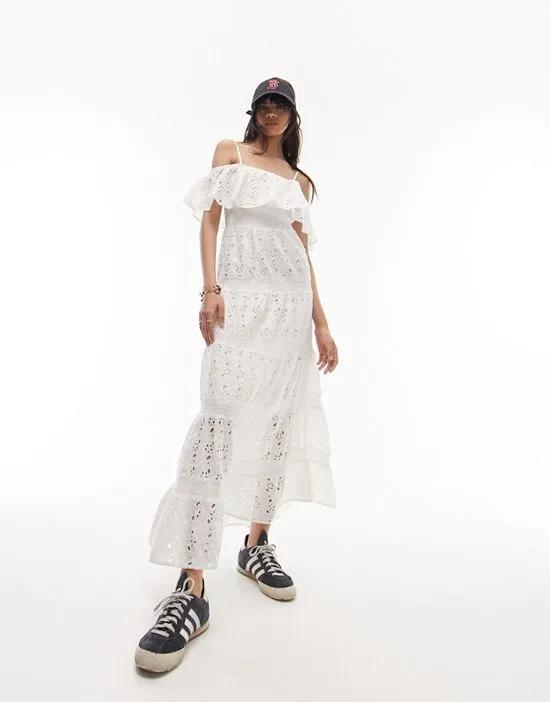 strappy broderie maxi dress with frill neck in ivory