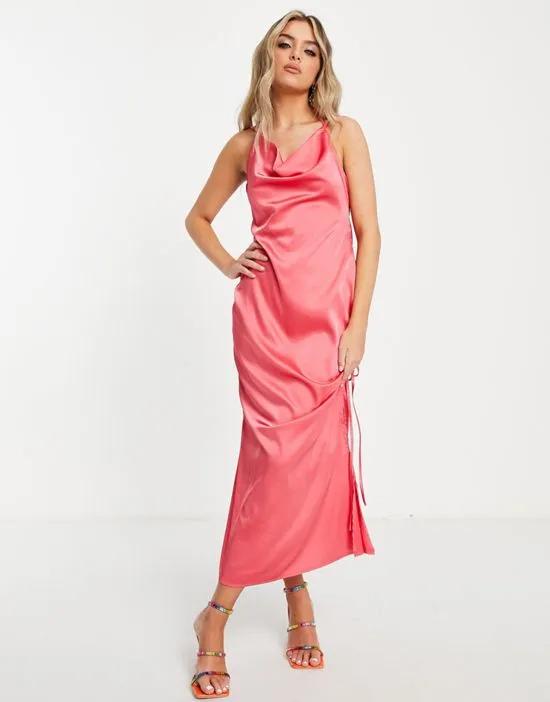 strappy cami midi dress with ruched side detail in pink