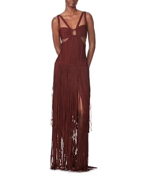 Strappy Cutout Fringe Gown     