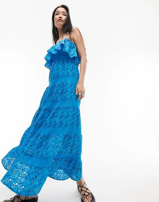 strappy eyelet maxi dress with frill neck in blue