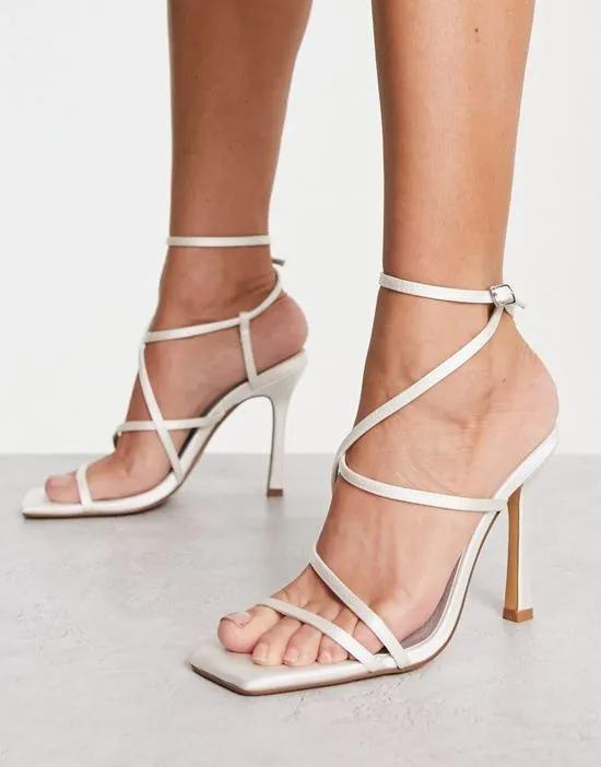 strappy heeled sandals in white satin