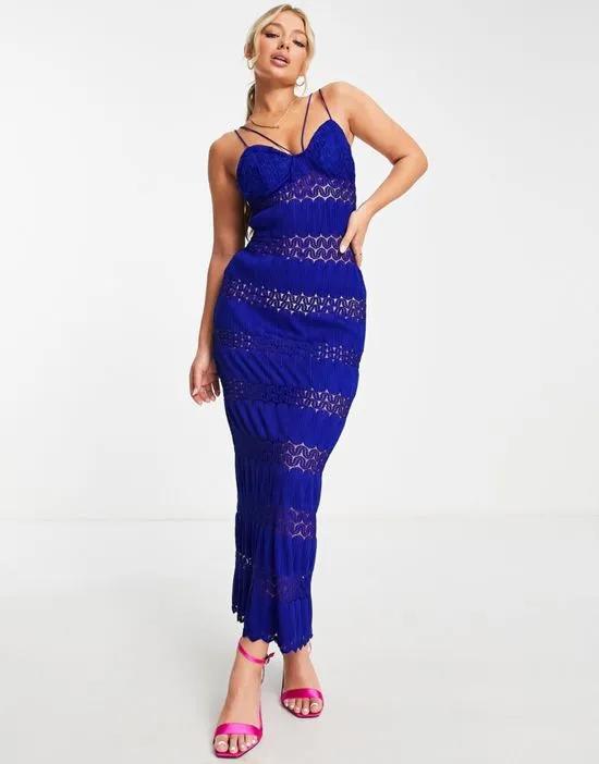 strappy lace paneled maxi dress in rich blue