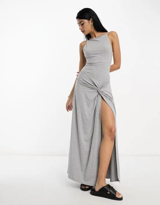 strappy maxi dress with twist detail in gray heather