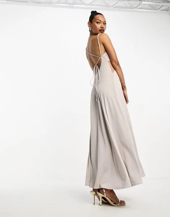 strappy mesh insert cut out maxi dress in stone