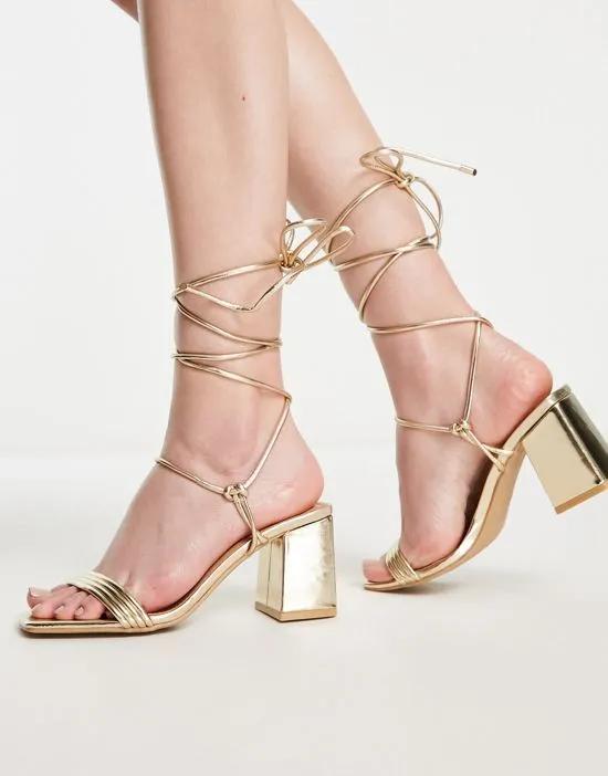 strappy mid heeled square toe sandals in gold