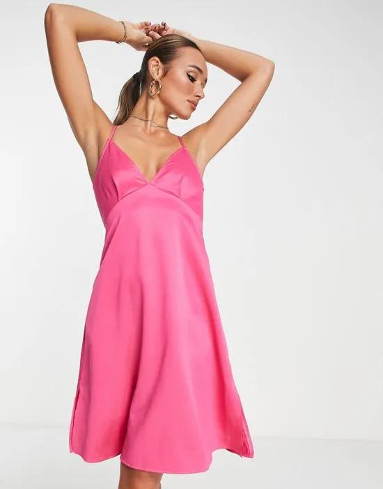 strappy midi dress in hot pink satin