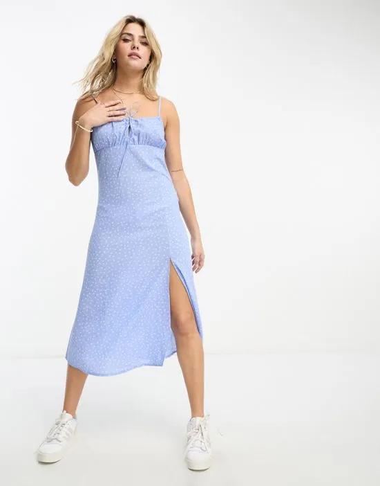 strappy midi dress with split in blue ditsy