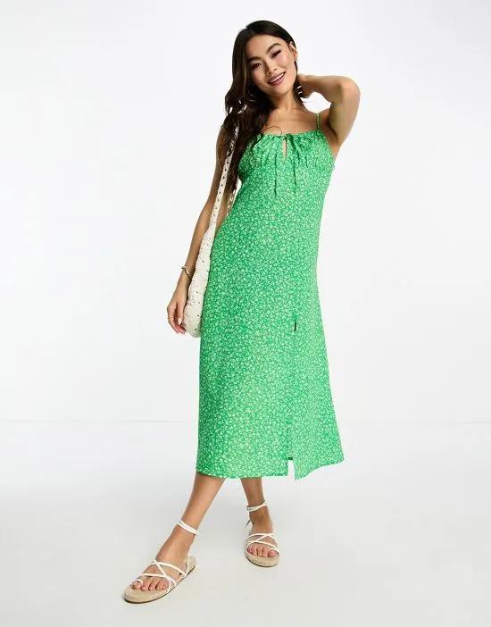 strappy midi dress with split in green ditsy