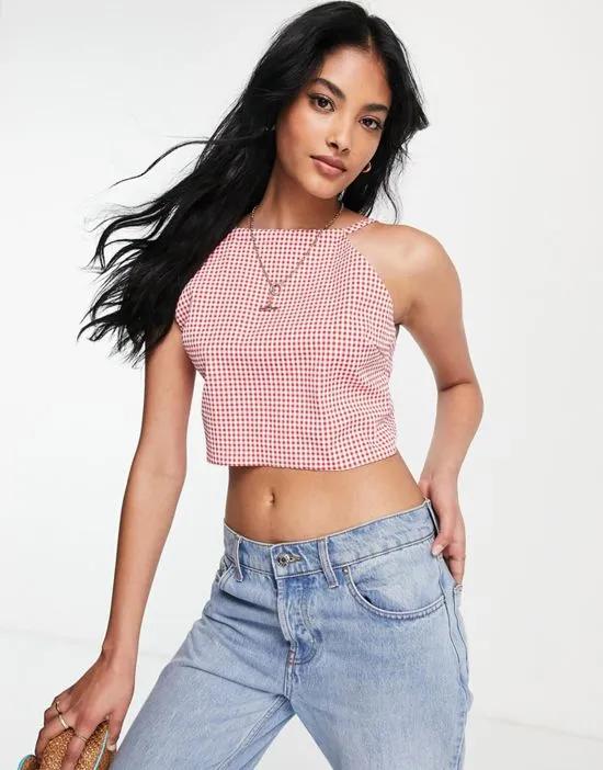 strappy open back crop top in red gingham