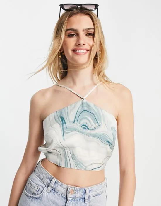 strappy open back satin crop top in abstract print