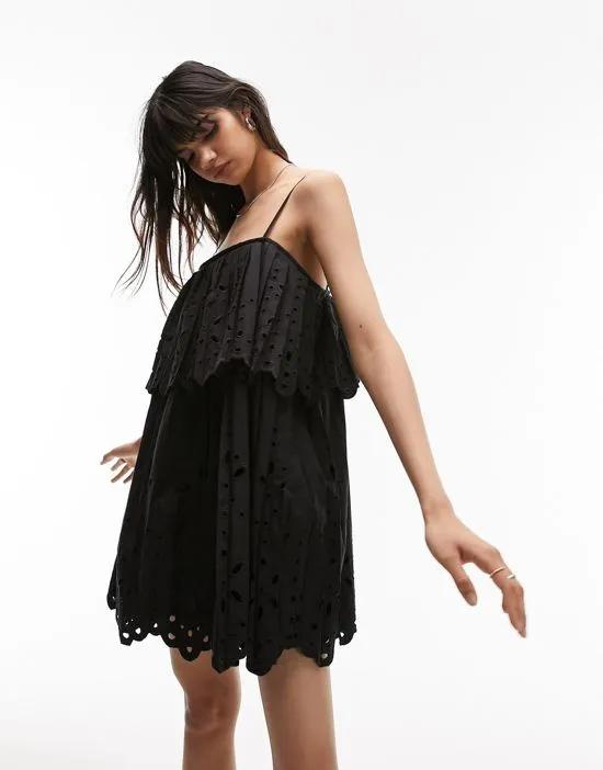 strappy pleated broderie mini dress in black