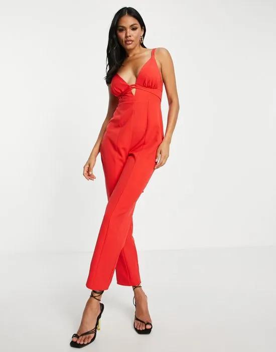 strappy plunge peg leg jumpsuit in red