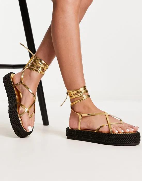 strappy rope sandals in gold