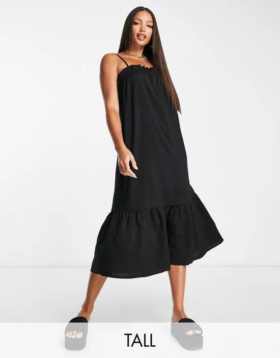 strappy ruffle detail tiered midi dress in black