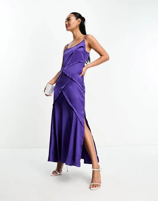 strappy satin midi slip dress with seam detail in purple