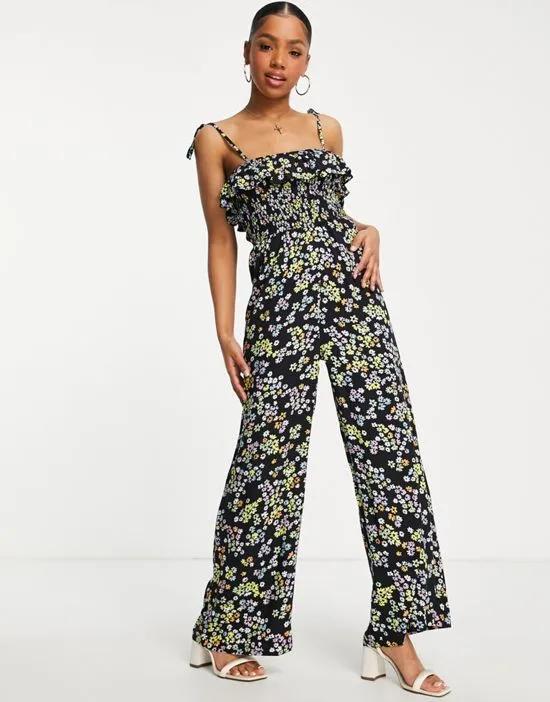 strappy shirred jumpsuit in multicolor cluster floral