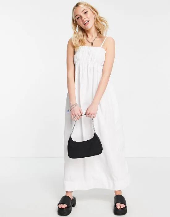 strappy shirred midi dress in white