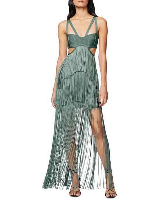 Strappy Tiered Fringe Gown