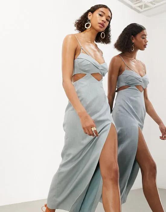 strappy turn back midi dress with cut-out in dusky blue