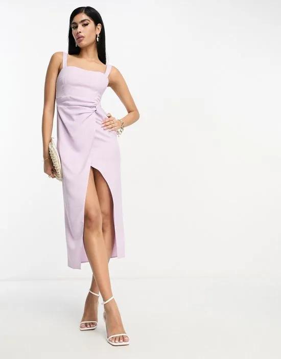 strappy twist waist midi dress with wrap split in lilac