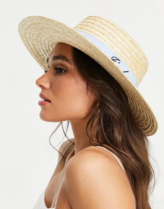 straw boater hat with j'adore embroidery with size adjuster