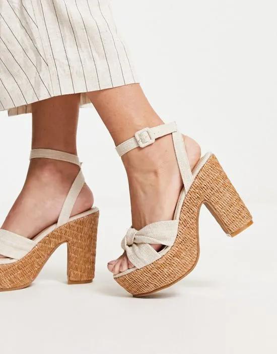 straw chunky heel sandals in cream