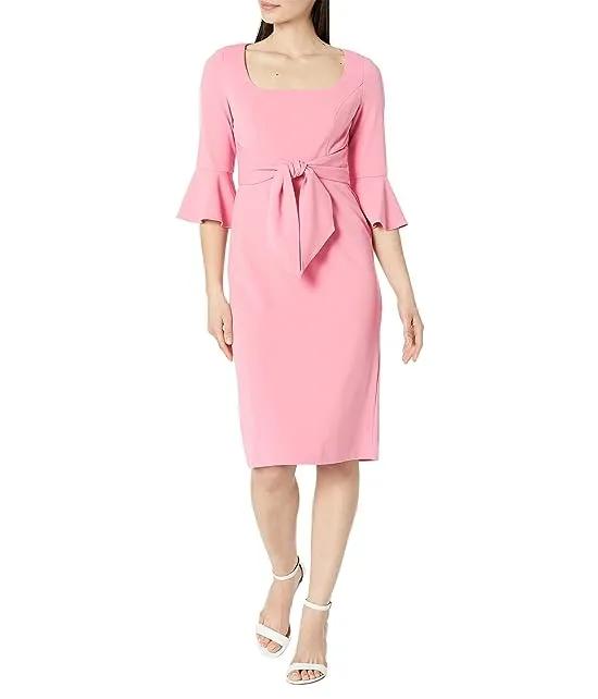 Stretch Crepe Bell Sleeve Dress with Scoop Neck & Tie Front