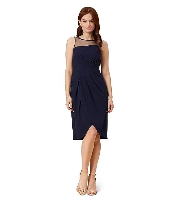 Stretch Crepe Draped Cocktail Dress with Illusion Neckline